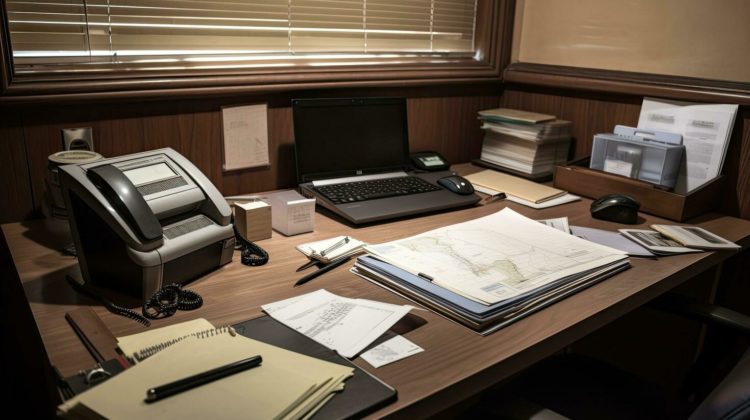 office-desk-with-computer-laptop-documents-mobile-phone-and-stationery-a-real-estate-office-desk-organized-with-various-office-stationeries-like-pens-notepads-folders-and-computer-free-photo